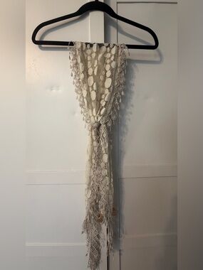 Vintage Ivory Lace Scarf Embroidered Polka Dot Mesh Floral Lace Trim Fringe 70”